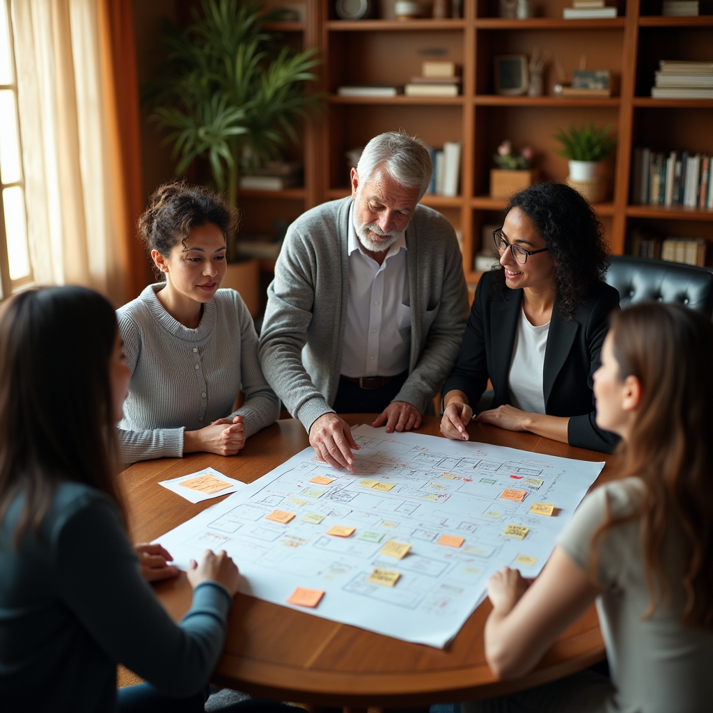 Kleine Gruppe bei einem Workshop zur Strukturierung von Fachwissen an einem Holztisch