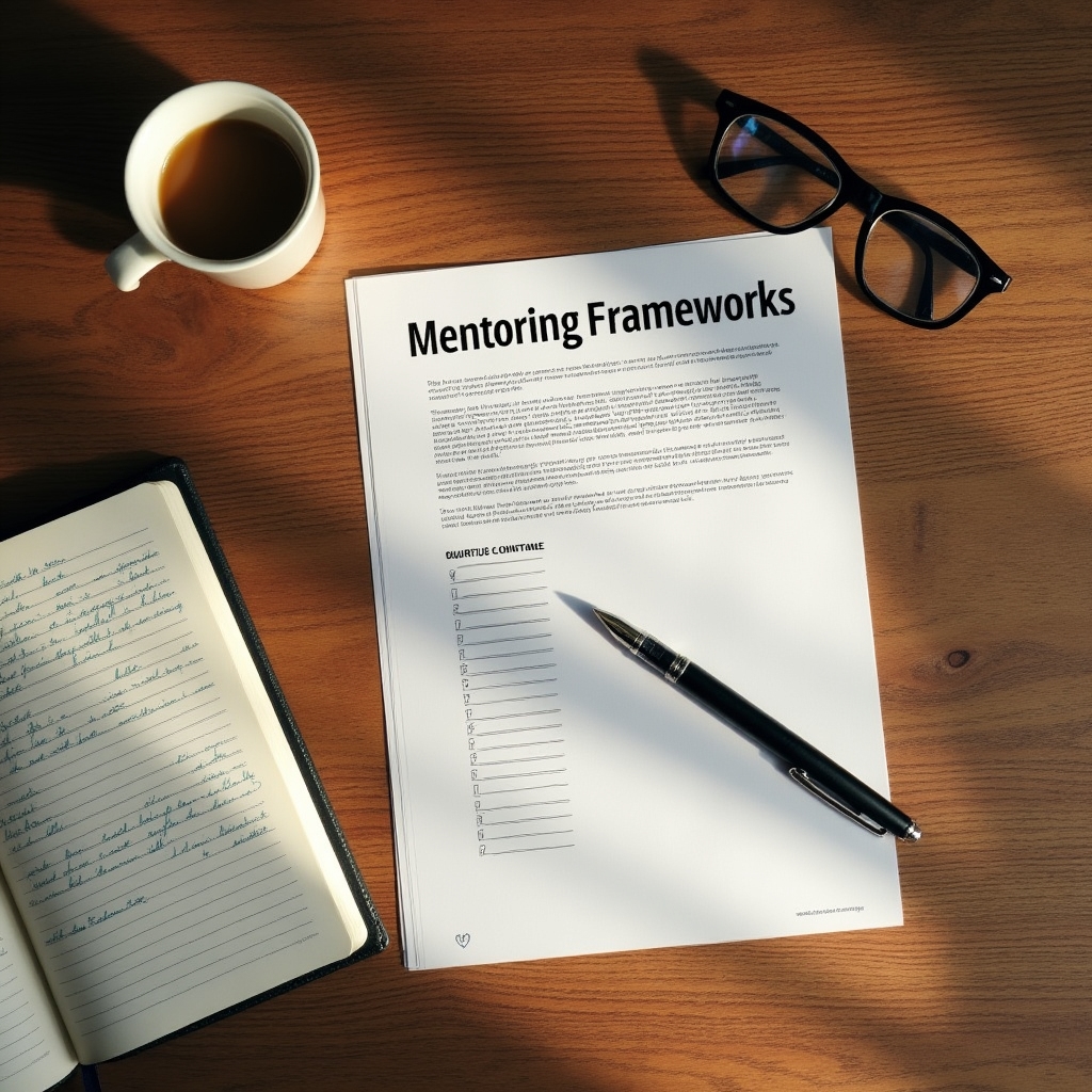 Arbeitsmaterialien und handschriftliche Vorlagen für Mentoring-Gespräche auf einem Schreibtisch